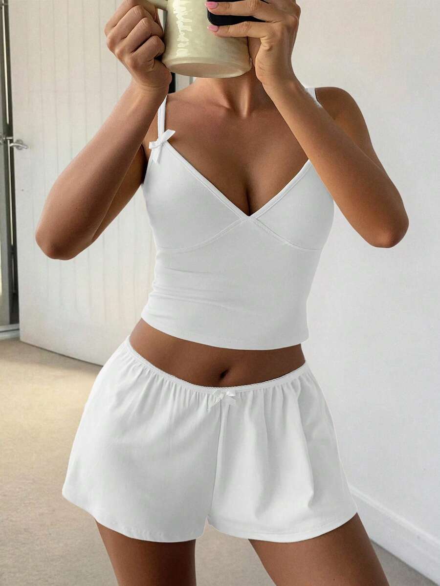 GAOVOT Women's Two Pieces Butter YellowY2K Sexy Pure Casual Solid Color V-Neck Strap Slim Shorts Suit