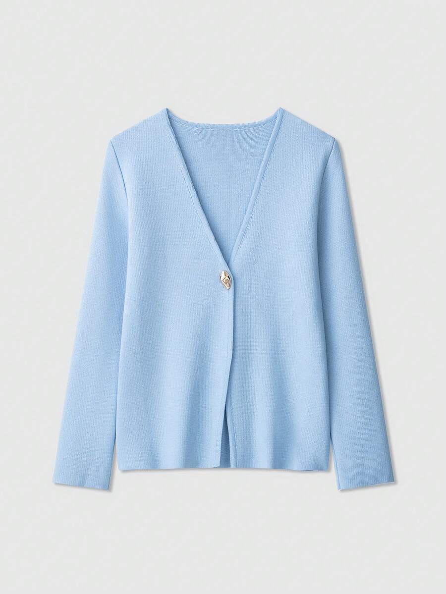 V-Neck Solid Color Casual Knit Sweater With Metal Buttons, Suitable For Spring/Autumn/Winter - Blue - View 1