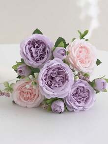 1 buchet de flori artificiale mixte cu trandafir, hortensie, bujor, ideal pentru cadou de Ziua Îndrăgostiților, nuntă, petrecere de ziua de naștere, decorare interioară, flori conservate care nu necesită întreținere