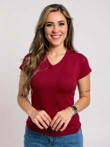 Women's Blouse V Neck Short Sleeve T-Shirt - Đỏ - Xem 1