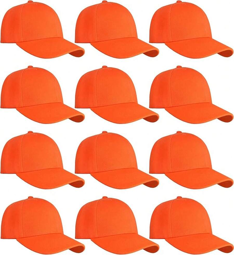 Bulk Lot 12-Pack Adjustable Size Plain Blank Solid Color Baseball Caps - Orange - View 1