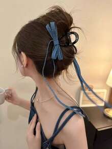 1个女士韩版时尚牛仔蝴蝶结发夹，13厘米，高端发爪发饰，适合日常使用、送礼、旅行、送给女性的礼物、美发用品、圣诞礼物 - 彩色 - 查看 4