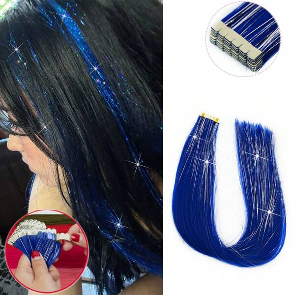 30Pcs/10Pcs 24 Inch Black Synthetic Straight Hair PU Tape In Synthetic Straight Hair Extensions, Mini Tape In Hair Extensions Adhesive Colored Tape In Black Hair Extension Mixed Shiny Silver Tinsel, Suitable For Daily And Holiday Occasions, (24 Inches Blue 10Pcs/Pack 38 Grams)