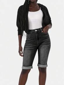 女士休闲水洗修身牛仔短裤，夏季 - 黑色 - 查看 4