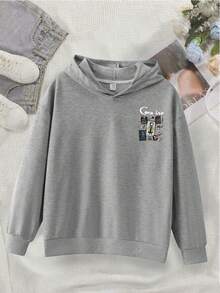 少女休闲卡通印花卫衣，秋冬季 - 灰色 - 查看 3