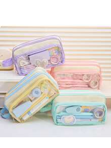 Large Size Japanese Style Canvas Pencil Case With Transparent Window - Essential For Daily Office Use - Multicolor - View 1