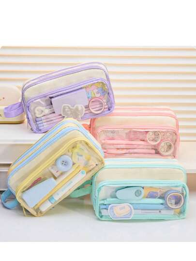 大号日式帆布铅笔盒，带透明窗口 - 日常办公必备