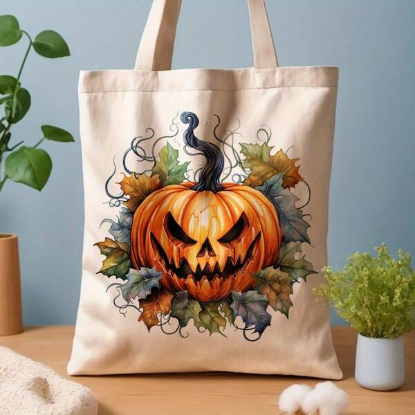 1pc Spooky Pumpkin Illustration Canvas Tote Bag - Reusable Grocery Bag With Jack-O'-Lantern Design, Vibrant Orange & Green Leaves, Perfect For Halloween, Daily Shopping, Commuting, School, And Gifts, 35.05cm X 40.13cm, Halloween Bag | Playful Design | Durable Handle, Halloween Decorations