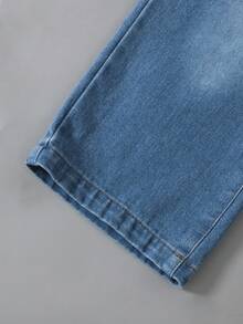 2 piezas Conjunto de sudadera de cuello redondo de manga larga informal y pantalones de mezclilla para niños pequeños, con estampado de letras y animales, adecuado para ocio al aire libre, otoño/invierno