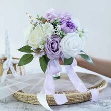 Dusty Blue Wedding Bouquets For Bride Bridesmaid, White Wedding Artificial Roses Flowers For Wedding Bouquets Ceremony, Anniversary - Lilac & Ivory & Cream - View 7