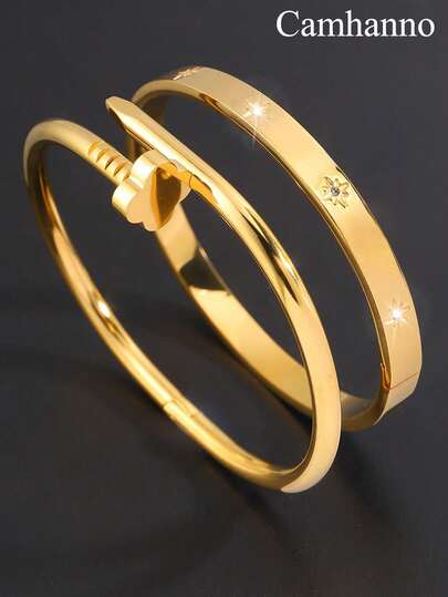 Camhanno 两件套优雅别致的八角星形不锈钢手链，镀18K金，闪耀夺目，男女皆宜，是送给男友/父亲/挚友的理想礼物。