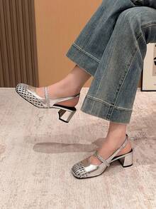Xin Jing Shoes 女士编织圆头带粗跟穆勒鞋，休闲及办公场合皆宜，优雅玛丽珍鞋款，派对必备 - 銀色 - 查看 2