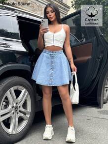 Mobula Sound Casual Fashion Elegant Loose A-Line Denim Skirt, Suitable For Summer Music Festival, Vacation, For Women - Blue - View 4