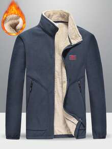 Men Patched Detail Teddy Lined Fleece Jacket, Men's Jackets Casual, Grey Jacket, Men Winter Clothes, Men Jackets And Coats With Thermal Lined For Outdoor, Plush And Thickened Jackets,Men Winter Clothes,With Pockets, Suitable For Boyfriend/Husband Everyday Wear, Autumn/Winter - 灰色 - 查看 11