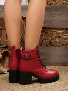 Autumn New Design Boots For Women, Plus Size Round Toe Lace-Up Red Leather Ankle Boots, Fashion Versatile Mid-Heel Chunky Heel Waterproof Platform Riding Boots - Red - View 8