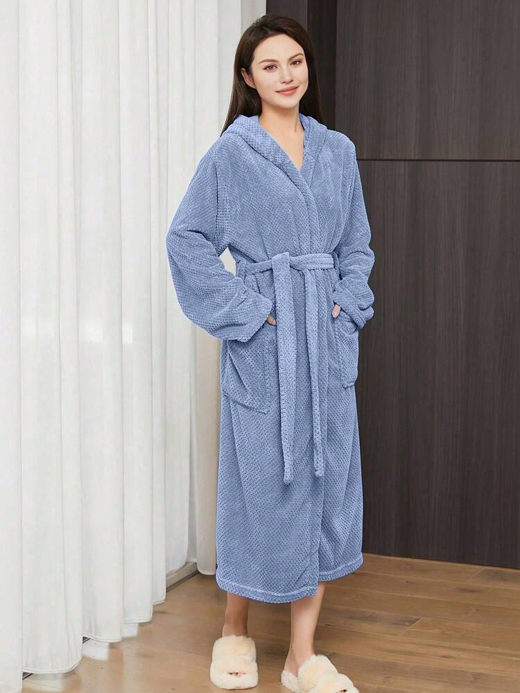 1pc Coral Fleece Women's Long Bathrobe, Multiple Colors Available, With Hood, Belt And Pockets, Fluffy Soft Warm, Unisex Bath Towel Robe, Women's Sleepwear Loungewear, Ultra Soft Plush Absorbent & Warm - Multicolor - View 23