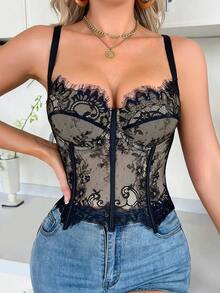 1 st enfärgad spetsbralette-camisole-topp, lämplig för vardagsdejter, nattklubbar, fester, sammankomster, poolpartyn och andra tillfällen - Svart - Visa 4