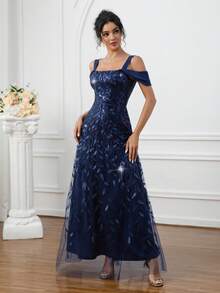 女式深蓝色刺绣露肩A字长款闪亮派对生日连衣裙 - 寶藍色 - 查看 8