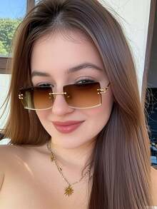 1 副男女款休闲方形无框时尚眼镜，适合日常装饰、海滩、节日派对拍照道具，适合夏季海滩度假、户外、旅行 - 無色 - 查看 3