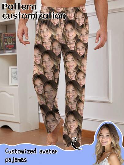 Pantaloni de pijama personalizați pentru bărbați, pantaloni de pijama de toamnă/iarnă, pot fi personalizați cu imprimeuri foto cu fețe, pantaloni de casă confortabili pentru bărbați, potriviți pentru petrecerea de pijama de Crăciun, pijamale personalizabile personalizate, toamnă, câine, colorat, drăguț, adorabil, contractat, amuzant, personalizat, unic, personalizat, cadouri ideale pentru el, cadouri ideale pentru ea, iubit, iubită, ținută de Revelion