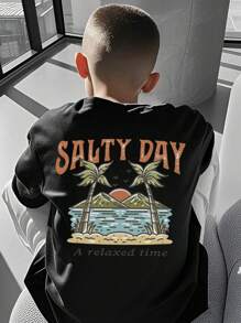 这款休闲印花圆领套头短袖T恤适合男孩和年轻学生在夏季穿着——日出椰树艺术风格T恤，为每个孩子带来欢乐和幸福！男童图案T恤 - 黑色 - 查看 1