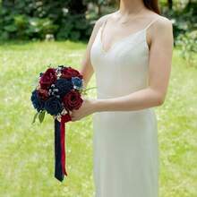 Dusty Blue Wedding Bouquets For Bride Bridesmaid, White Wedding Artificial Roses Flowers For Wedding Bouquets Ceremony, Anniversary - Burgundy & Navy Blue - View 8