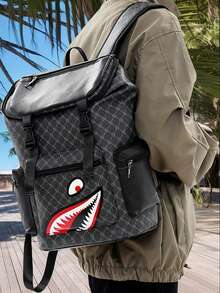 男士背包，复古花卉休闲旅行包，PU皮革翻盖背包，防刮耐用，轻便易携，适合旅行、露营、徒步、上学、大学、青年使用，情人节和返校礼物 - 黑色 - 查看 3