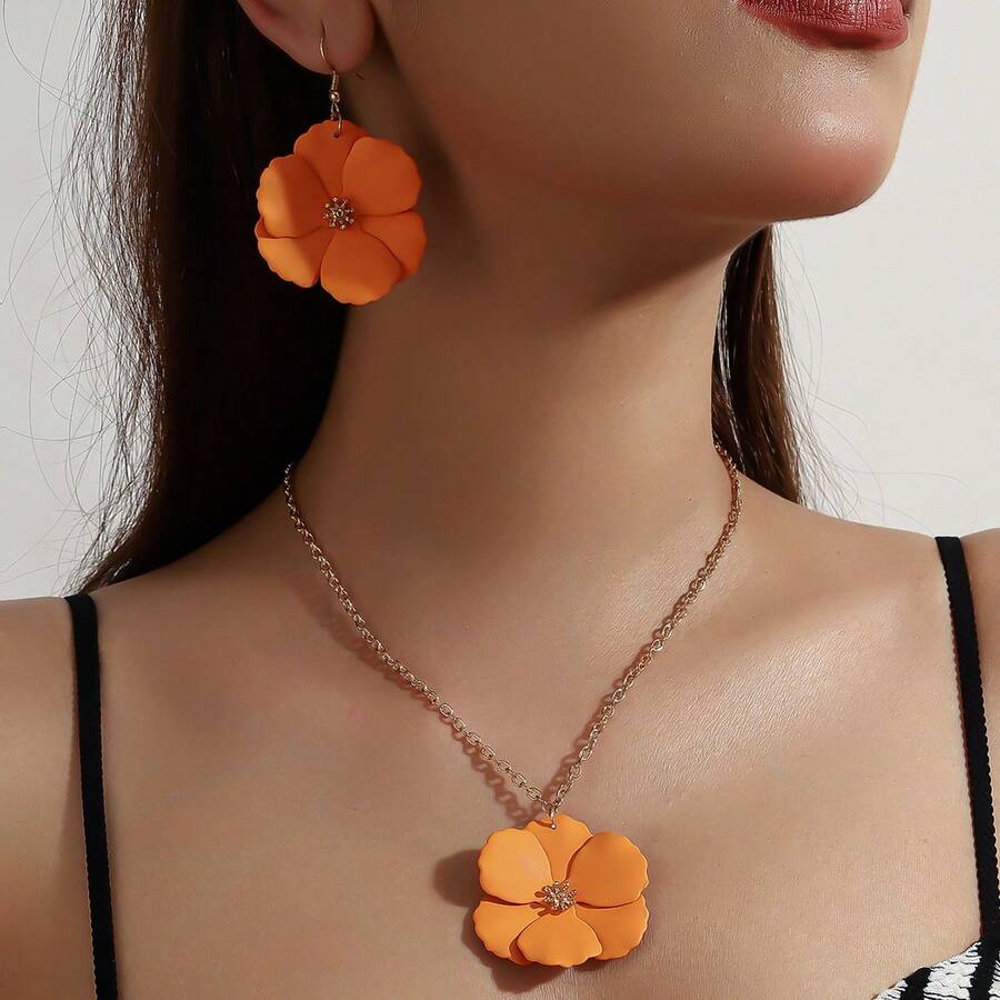 1 Set Metal Asymmetrical Colorful Multi-Layer Flower Pendant Necklace & Earrings For Women - Orange - View 1
