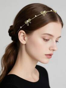 1 件薄纯色花卉蝴蝶结水钻仿珍珠星金属头带，优雅温柔的仙女风格简约百搭刘海头饰，精致的日常佩戴发饰，发带，发箍