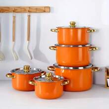 5 件套不锈钢炊具套装 - 厨房和餐厅必备，适用于电磁炉、砂锅、双柄芝士锅和盖子，适用于汤、火锅、意大利面、海鲜汤、米饭烹饪 - 橙色 - 橘色 - 查看 5
