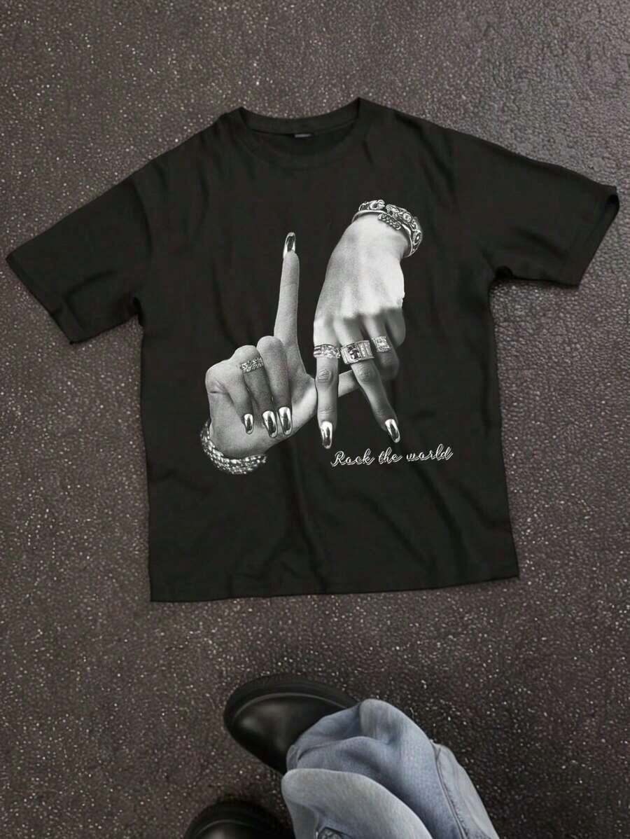 Camiseta de mujer de manga corta, cuello redondo, estampado de gesto de mano LA, estilo casual y suelto, para verano - Negro - Ver 1