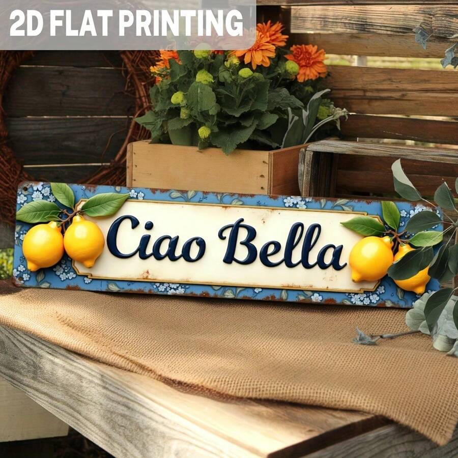 1pc, 2D Flat, Country Style Ciao Bella Lemon Metal Sign - Italian Farmhouse Wall Decor With Blue Floral Background, Vintage Kitchen And Living Room Art, 3. 93x 15.. 74inch , No Electricity Required, Lemon Home Decor, Decorative Floral Embellishment, Durable Outdoor Art, 2D Flat - Multicolor - View 1