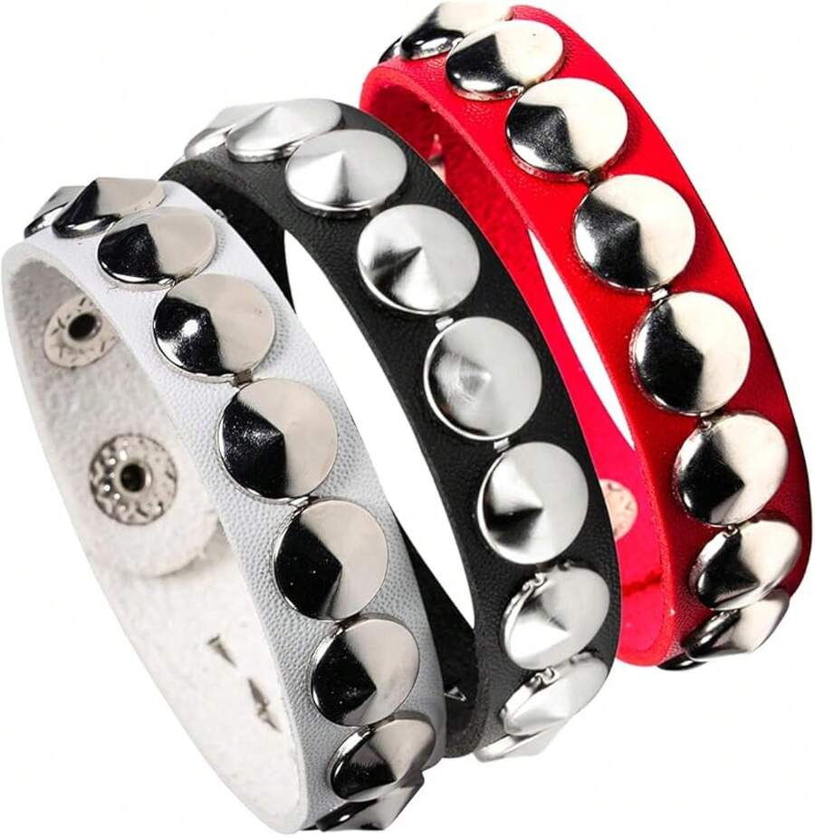 Eigso 3 Pcs Leather Punk Bracelets Men Women Of Rock Rivet Wrap Retro Spike Bracelet Adjustable - 黑色-3件 - 查看 1