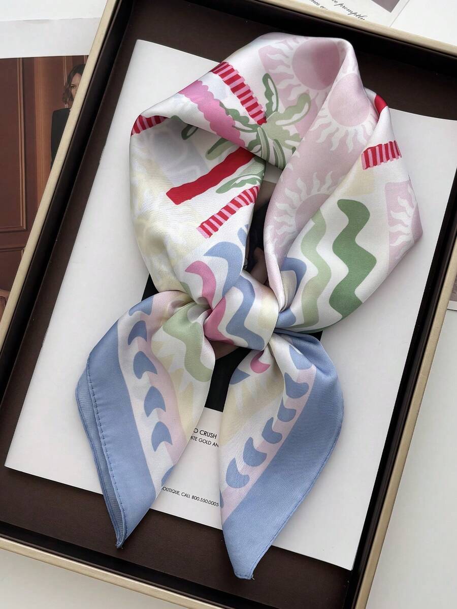 1条女士优雅复古时尚印花轻薄仿丝缎方巾，可作头巾、领巾、披肩使用，轻盈舒适，适合日常佩戴及春、夏、秋季外出，也是母亲节、妇女节的理想礼物。