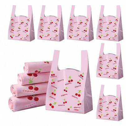 100个/50个/30个装樱桃图案塑料袋，加厚礼品袋，樱桃图案塑料手提袋，粉色T恤袋，时尚精致的樱桃水果图案手提袋，樱桃图案一次性塑料T恤袋，适合母亲节、婚礼季、庆祝活动和开学季