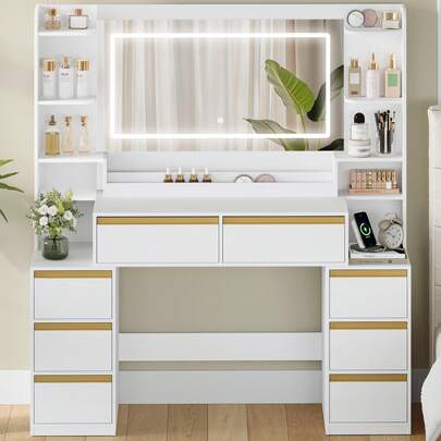 HEXCELEN Toaletka z dużym lustrem, stolikiem toaletowym i uchwytem na suszarkę, 8 szuflad, otwarte przegródki, 40 * 135 * 145,2 cm, nowoczesna biała toaletka