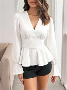 1 Stück Damen Bluse mit Blumen-Hohlmuster und Rüschenkante, geeignet für Lässig-Wear und Dates, Herbst - Weiss - Übersicht 3