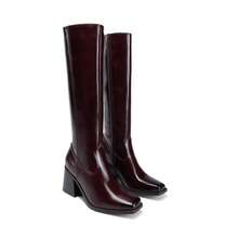 Women's Square Toe Knee High Boots Chunky Heel Side Zipper  Classic Solid Color Fashionable Y2K Party Tall Boots - Màu Đỏ Sâu - Xem 9