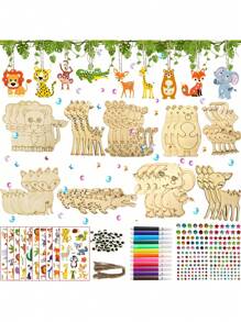 300pcs Animal Woodworking Kit, Animal Theme - Includes 27 Unfinished Animal Woods, 202 Gems, 12 Watercolor Pens And 2 Stickers, 30 Cartoon Eyes, 27 Hemp Ropes, DIY Handmade Kit, All Season Woodworking Material Kit, Suitable For DIY Handmade - Multicolor - View 1