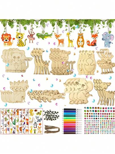 300pcs Animal Woodworking Kit, Animal Theme - Includes 27 Unfinished Animal Woods, 202 Gems, 12 Watercolor Pens And 2 Stickers, 30 Cartoon Eyes, 27 Hemp Ropes, DIY Handmade Kit, All Season Woodworking Material Kit, Suitable For DIY Handmade