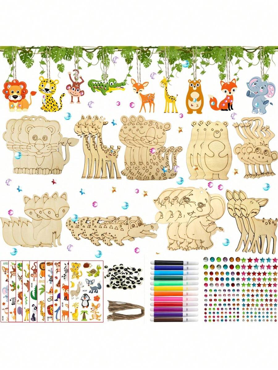 300pcs Animal Woodworking Kit, Animal Theme - Includes 27 Unfinished Animal Woods, 202 Gems, 12 Watercolor Pens And 2 Stickers, 30 Cartoon Eyes, 27 Hemp Ropes, DIY Handmade Kit, All Season Woodworking Material Kit, Suitable For DIY Handmade - Multicolor - View 1