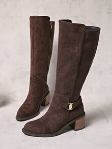 Jesień/zima 2025 Nowe, zabytkowe, za kolano, wysokie, damskie buty do jazdy konnej, grube, długie buty na obcasie z klamrą do paska, kowbojskie buty westernowe - Brązowy - Zobacz 5
