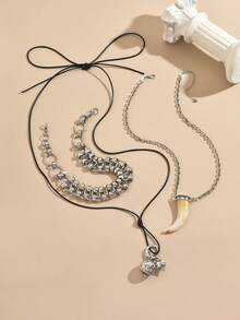 1 pieza Nuevo collar colgante de cuerno de animal multicapa apilado, diseño exagerado de lujo, joyería de moda para mujeres - Plata antigua - Ver 7