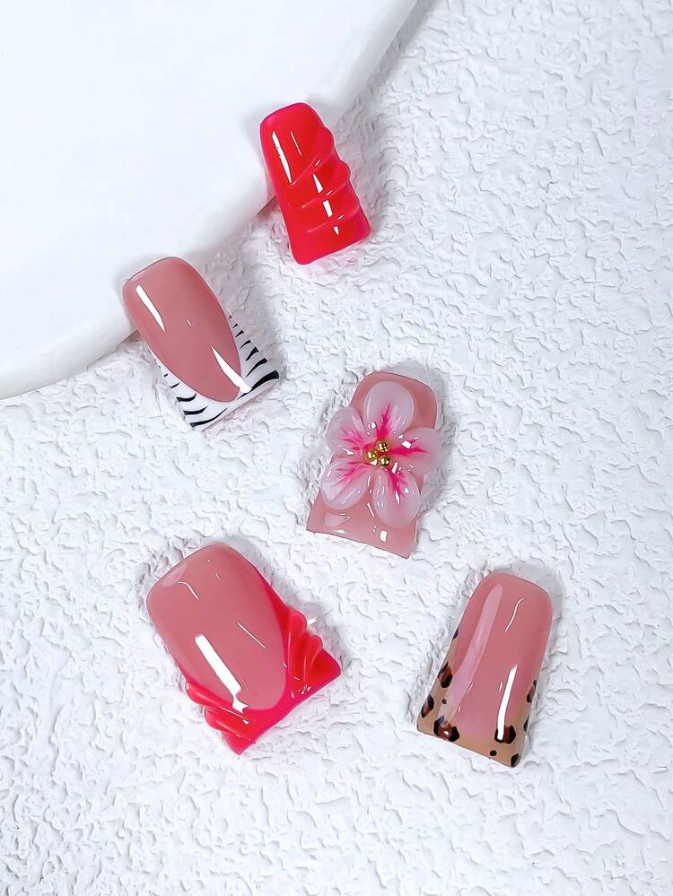 10Pcs Nails Chic Duckbill Press-On Nail Set - Handmade, Red And White French Style, Hand-Painted Leopard And Zebra Print, 3D Gel Flowers, Suitable For Women And Girls, Party, Wedding And Daily Wear, Kit Included. Red Duckbill Nails. Nail Supplies Nails Handmade Press On Nails - Multicolor - View 3