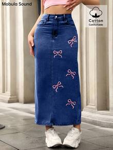 Mobula Sound 中东春夏 Y2K 青春性感音乐节学生学院百搭休闲度假时尚服饰可爱蝴蝶结刺绣紧身牛仔中裙 - 深藍 - 查看 1