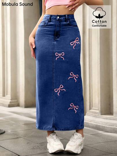 Mobula Sound Middle East Spring/Summer Y2K Youthful Sexy Music Festival Student College Versatile Casual Vacation Fashionable Clothing Cute Bow Embroidered Bodycon Denim Midi Skirt