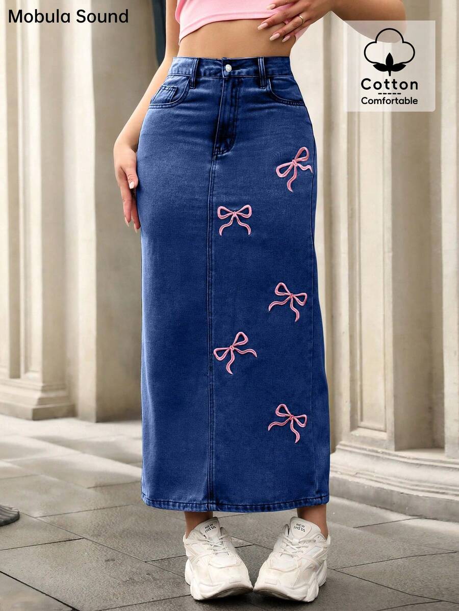 Mobula Sound 中东春夏 Y2K 青春性感音乐节学生学院百搭休闲度假时尚服饰可爱蝴蝶结刺绣紧身牛仔中裙 - 深藍 - 查看 1