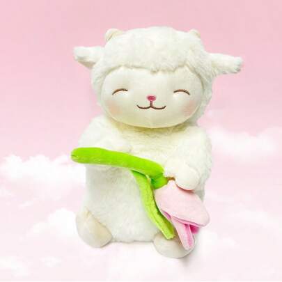  1 pieza Muñeco de peluche de oveja blanca de la serie Sheep de MINISO (sosteniendo un tulipán), suave y esponjoso como las nubes, color blanco cálido con un filtro acogedor, sonrisa cerrada de ojos súper conmovedora.