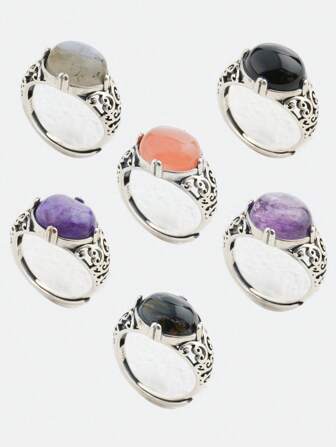 Vintage edelsteenring verstelbaar S925 sterling zilver labradoriet, zwarte onyx en charoiet (10x8mm) met antieke gravure, natuur geboortesteen sieraden cadeau maat US 6-10