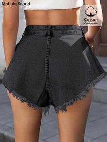 Quần short denim ống rộng chữ A tua rua phong cách Y2K gợi cảm mùa hè dành cho nữ của Mobula Sound - Màu xám đen - Xem 8